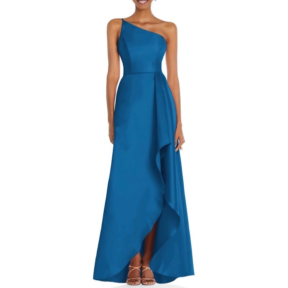 Alfred Sung D831 One Shoulder Draped Front Slit Satin Gown - Picture 1 of 12